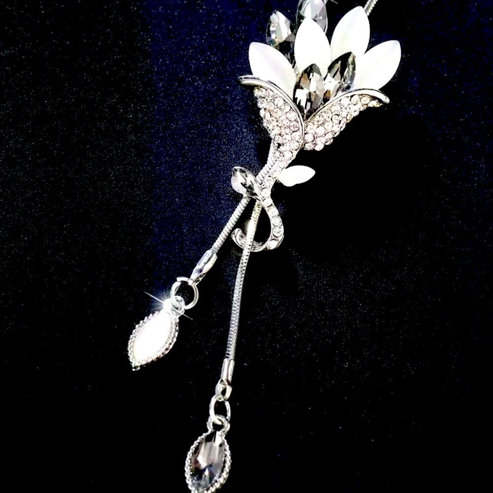 New Long SilverTassel Crystal Flower Necklace